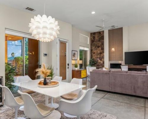 Chandelier, Dining room, Fireplace, Interior, Living room, Recessed Lighting, Stone Walls