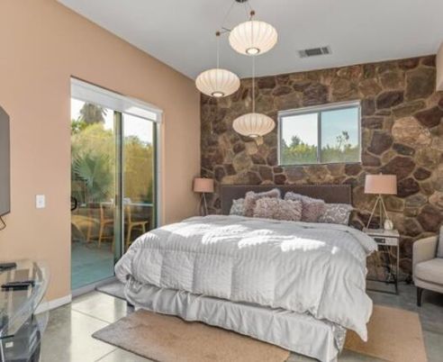 Bedroom, Interior, Pendant Lights, Stone Walls