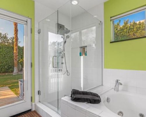Bathroom, Glass Shower, Interior, Recessed Lighting, Tile Countertops, Wood Texture Flooring