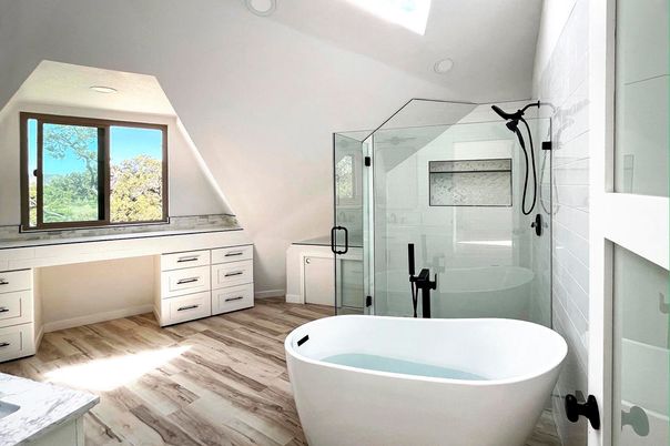 Bathroom, Free Standing Baths, Glass Shower, Interior, Wood Texture Flooring
