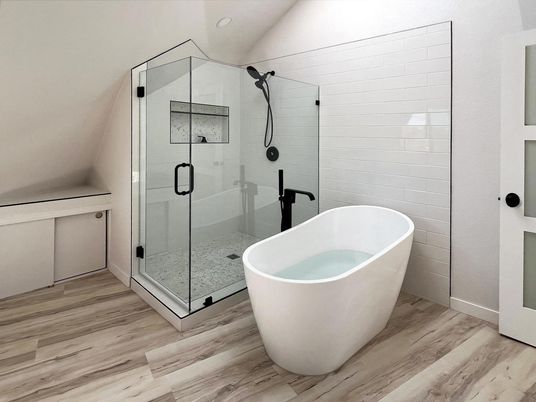 Bathroom, Free Standing Baths, Glass Shower, Interior, Wood Texture Flooring