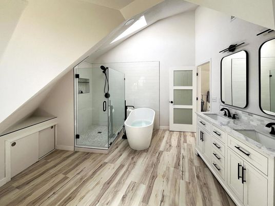 Bathroom, Dual Sink Vanities, Free Standing Baths, Glass Shower, Interior, Recessed Lighting, Wood Texture Flooring