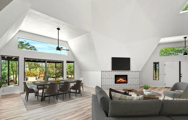 Dining room, Fireplace, Interior, Living room, Wood Texture Flooring