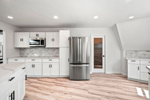 Interior, Kitchen, Recessed Lighting, Stainless Steel Appliances, Wood Texture Flooring