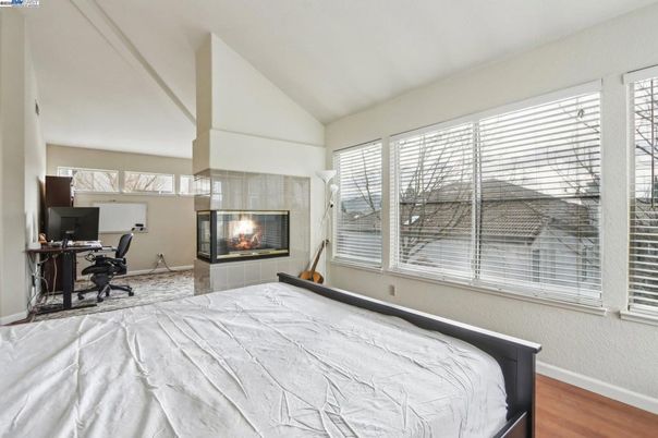 Bedroom, Fireplace, Home Office, Interior, Wood Texture Flooring