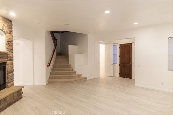Empty room, Fireplace, Interior, Recessed Lighting, Wood Texture Flooring