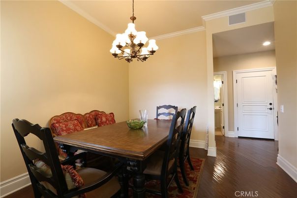 Chandelier, Dining room, Interior, Recessed Lighting, Wood Texture Flooring