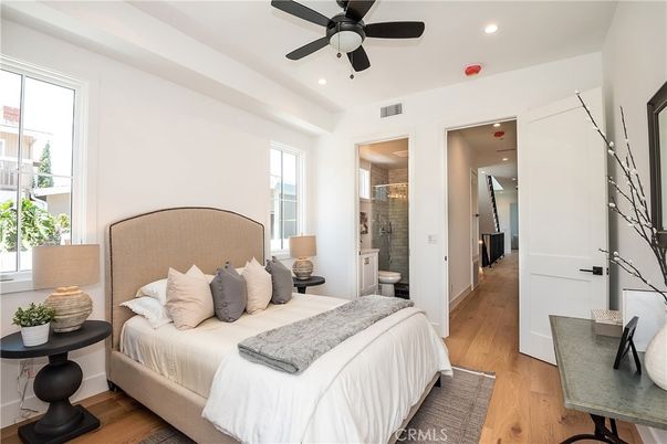 Bathroom, Bedroom, Glass Shower, Interior, Recessed Lighting, Wood Texture Flooring
