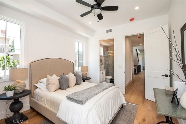 Bathroom, Bedroom, Glass Shower, Interior, Recessed Lighting, Wood Texture Flooring