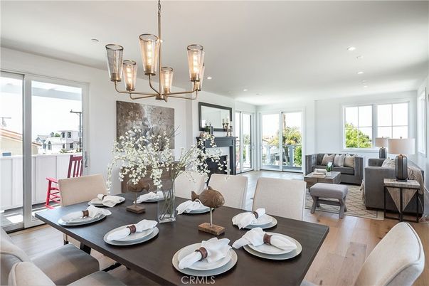 Chandelier, Dining room, Interior, Living room, Pendant Lights, Recessed Lighting, Wood Texture Flooring
