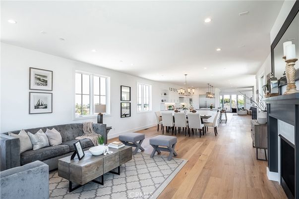 Dining room, Fireplace, Interior, Kitchen, Living room, Pendant Lights, Recessed Lighting, Wood Texture Flooring