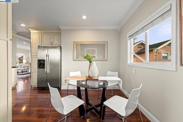Dining room, Interior, Kitchen, Recessed Lighting, Stainless Steel Appliances, Wood Texture Flooring