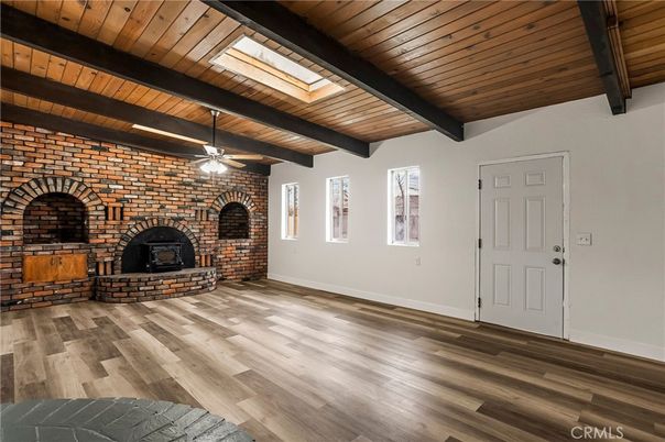 Empty room, Fireplace, Interior, Stone Walls, Wooden Beams, Wooden Ceilings, Wood Texture Flooring