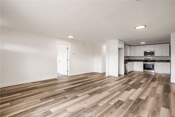 Empty room, Interior, Kitchen, Recessed Lighting, Wood Texture Flooring