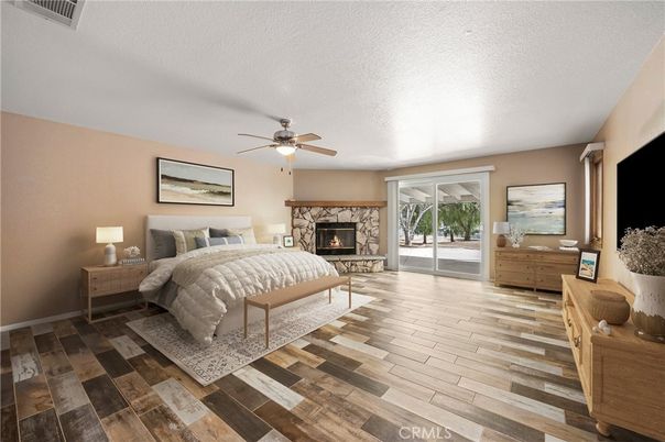 Bedroom, Fireplace, Interior, Wood Texture Flooring