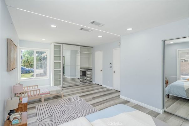 Bedroom, Interior, Recessed Lighting, Wood Texture Flooring