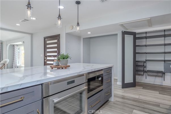 Interior, Kitchen, Pendant Lights, Recessed Lighting, Stainless Steel Appliances, Wood Texture Flooring