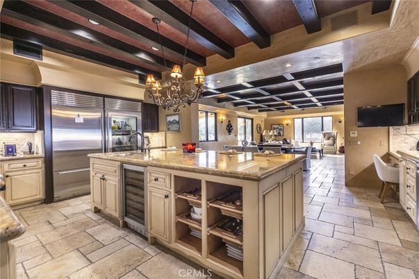 Chandelier, Interior, Kitchen, Recessed Lighting, Stainless Steel Appliances, Wooden Beams