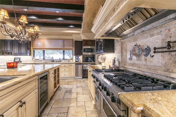 Chandelier, Interior, Kitchen, Pendant Lights, Recessed Lighting, Stainless Steel Appliances, Wooden Beams