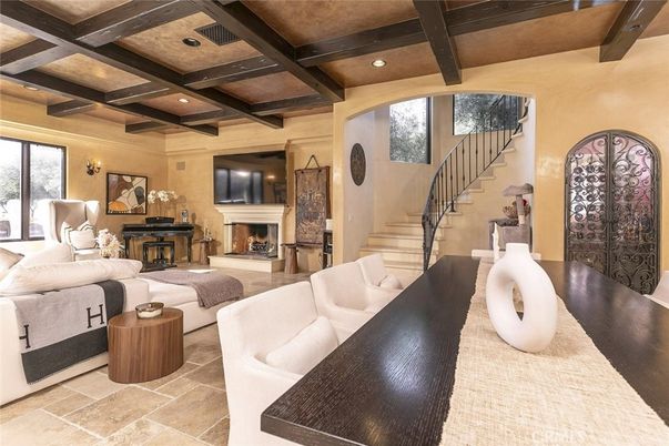 Fireplace, Interior, Living room, Recessed Lighting, Wooden Beams