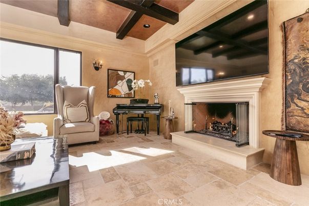 Fireplace, Interior, Piano, Recessed Lighting, Wooden Beams