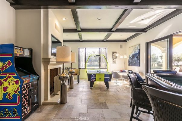 Fireplace, Game Room, Interior, Recessed Lighting, Wooden Beams