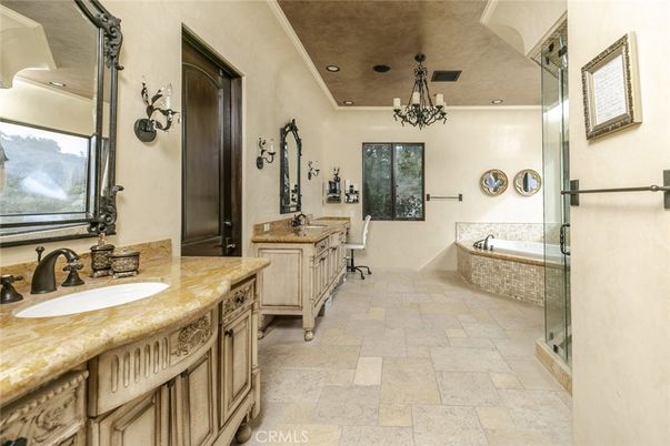 Bathroom, Chandelier, Dual Sink Vanities, Glass Shower, Interior, Recessed Lighting