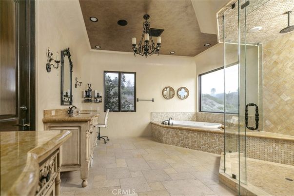 Bathroom, Chandelier, Glass Shower, Interior, Recessed Lighting
