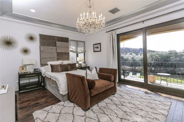 Bedroom, Chandelier, Interior, Recessed Lighting, Wood Texture Flooring