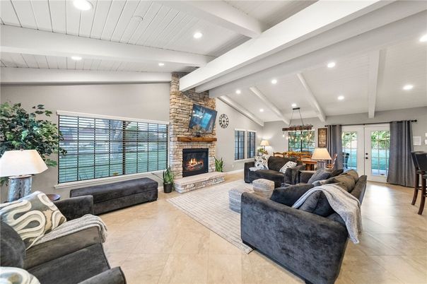 Fireplace, Interior, Living room, Recessed Lighting, Stone Walls