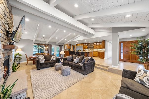 Dining room, Fireplace, Interior, Kitchen, Living room, Pendant Lights, Recessed Lighting, Stainless Steel Appliances, Stone Walls