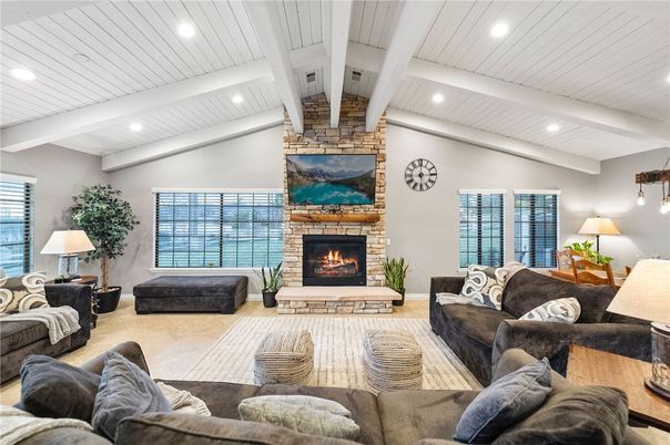 Fireplace, Interior, Living room, Recessed Lighting, Stone Walls