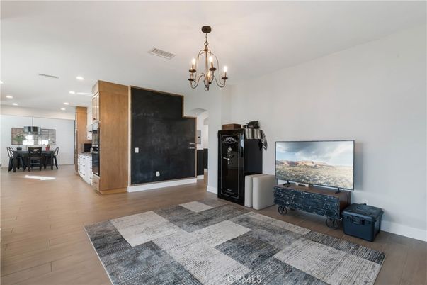 Chandelier, Dining room, Interior, Kitchen, Recessed Lighting, Wood Texture Flooring