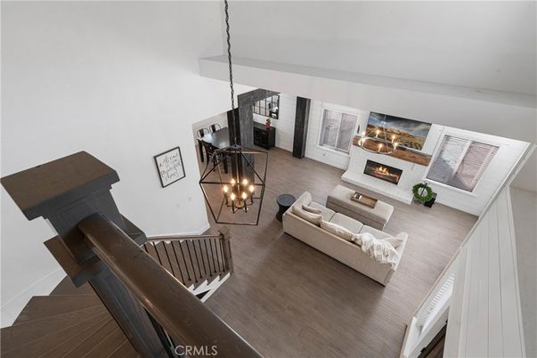 Fireplace, Interior, Living room, Pendant Lights, Wood Texture Flooring