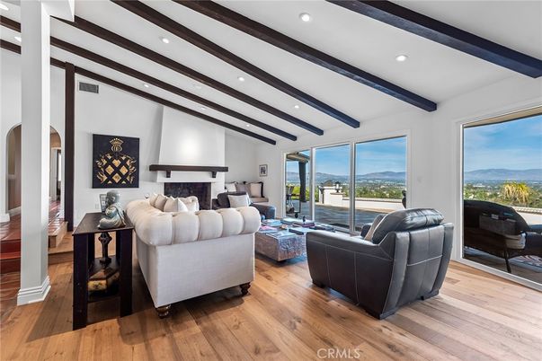 Fireplace, Interior, Living room, Recessed Lighting, Wooden Beams, Wood Texture Flooring