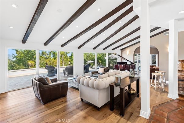 Interior, Living room, Piano, Recessed Lighting, Wooden Beams, Wood Texture Flooring