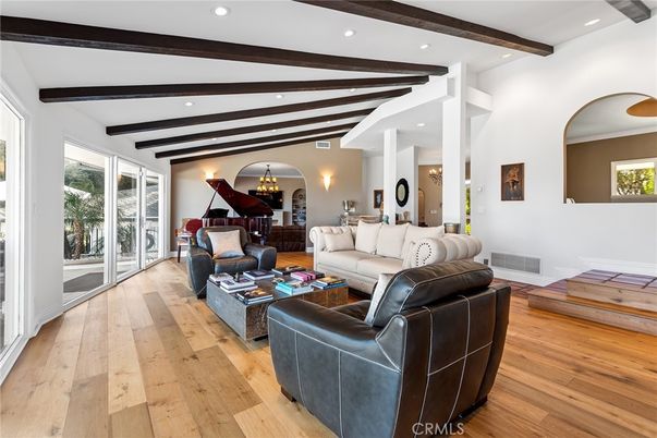 Interior, Living room, Piano, Recessed Lighting, Wooden Beams, Wood Texture Flooring