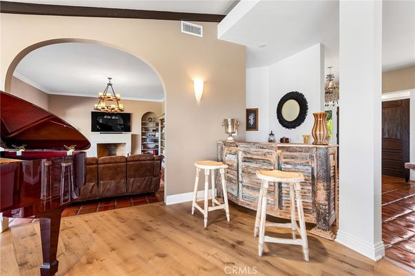 Fireplace, Interior, Living room, Pendant Lights, Piano, Wood Texture Flooring