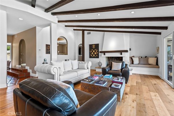 Fireplace, Interior, Living room, Recessed Lighting, Wooden Beams, Wood Texture Flooring