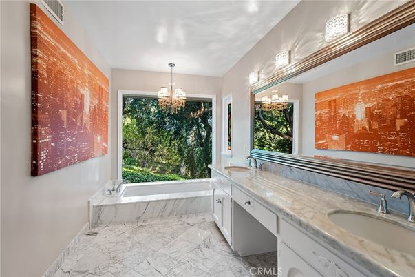 Bathroom, Chandelier, Dual Sink Vanities, Interior, Marble