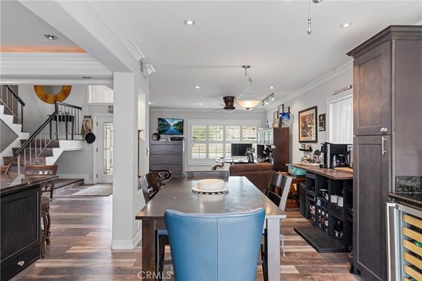 Dining room, Interior, Pendant Lights, Recessed Lighting, Wood Texture Flooring