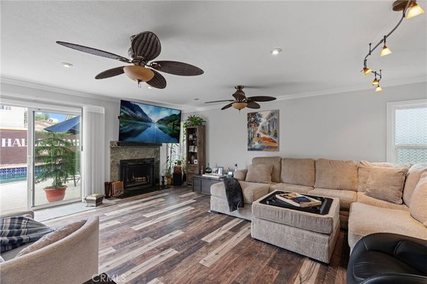 Fireplace, Interior, Living room, Recessed Lighting, Wood Texture Flooring