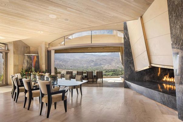 Dining room, Fireplace, Interior, Recessed Lighting, Wooden Ceilings