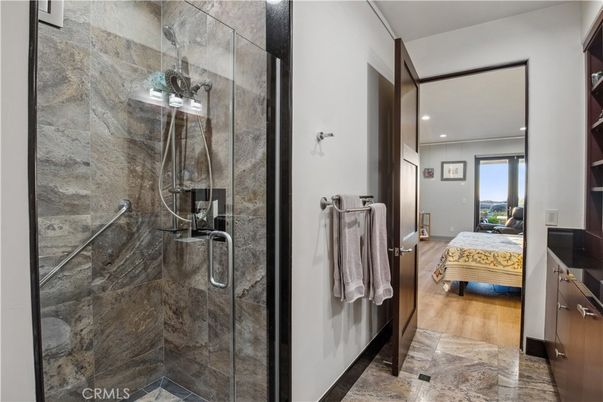 Bathroom, Glass Shower, Interior, Recessed Lighting, Wood Texture Flooring