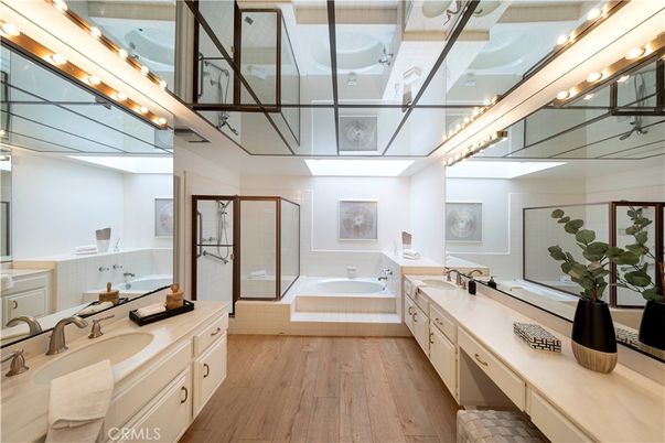 Bathroom, Dual Sink Vanities, Glass Shower, Interior, Wood Texture Flooring