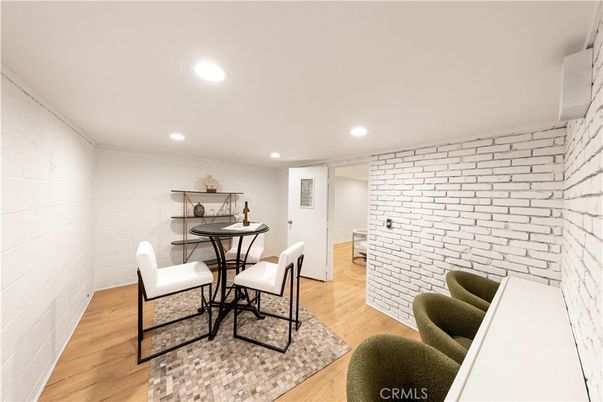 Dining room, Interior, Recessed Lighting, Stone Walls, Wood Texture Flooring