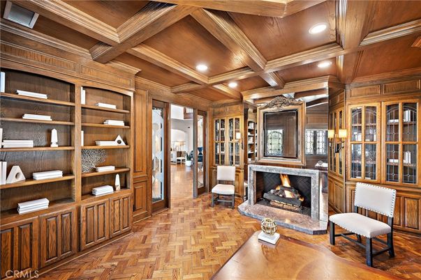 Fireplace, Home Office, Interior, Recessed Lighting, Wooden Beams, Wooden Ceilings, Wood Texture Flooring, Wooden Walls