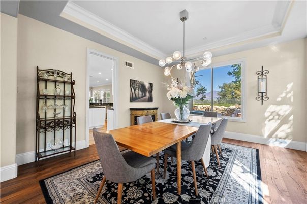 Dining room, Interior, Pendant Lights, Recessed Lighting, Wood Texture Flooring