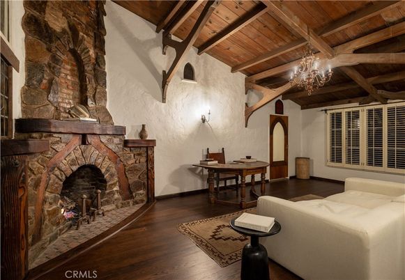 Chandelier, Fireplace, Interior, Stone Walls, Wooden Beams, Wooden Ceilings, Wood Texture Flooring