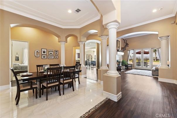 Dining room, Interior, Recessed Lighting, Wood Texture Flooring